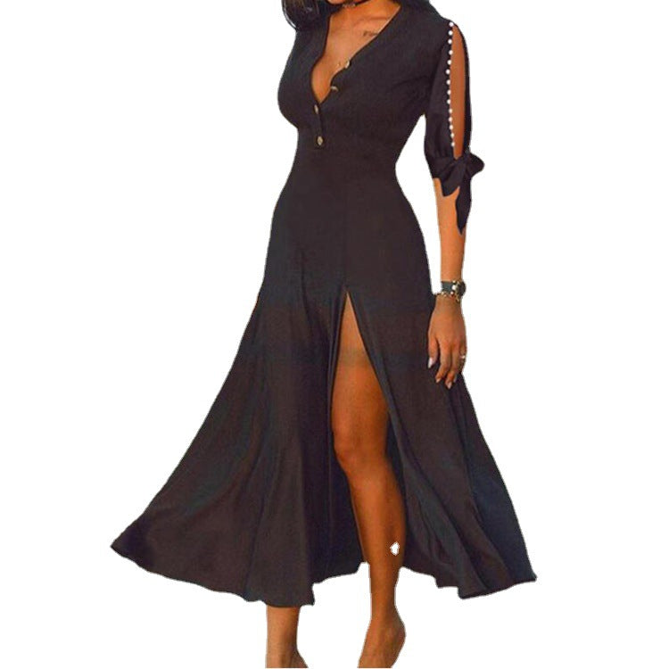 Damen Maxikleid mit elegantem V-Ausschnitt und hohem Schlitz