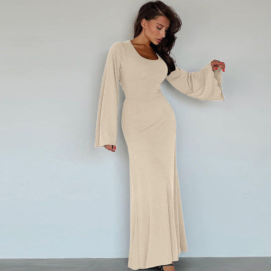 Damen Elegantes Maxikleid mit extra weitem Ärmel und trendiger Rippstruktur