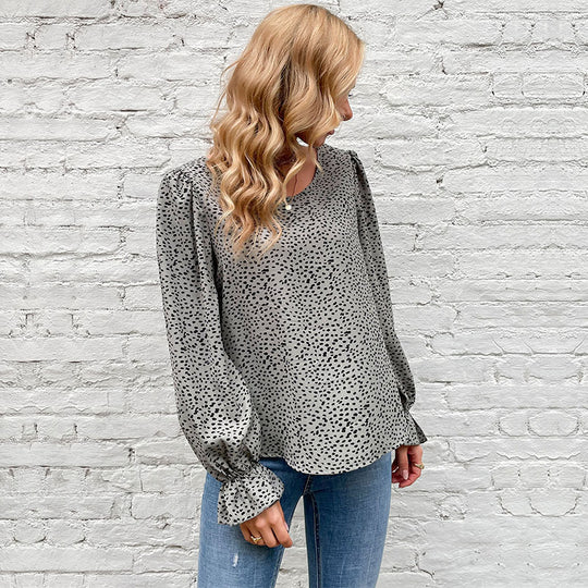 Damen Gepunktete Viskose-Bluse mit Ballonärmeln und Rüschensaum Shop Nory