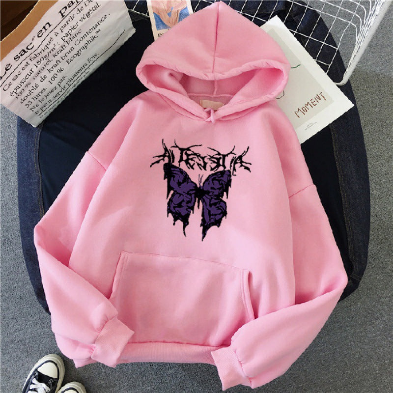 Damen nan Oversize-Kapuzenpullover mit gothischer Schmetterlings-Illustration und Kängurutasche Shop Nory