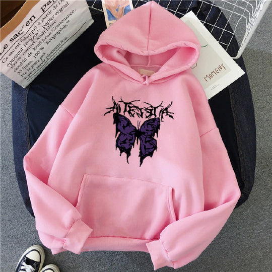 Damen nan Oversize-Kapuzenpullover mit gothischer Schmetterlings-Illustration und Kängurutasche Shop Nory