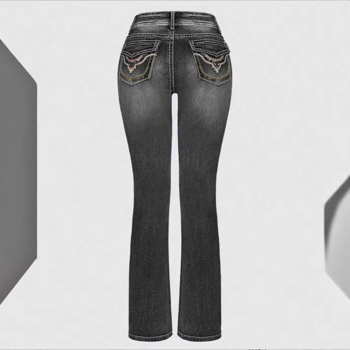 Damen Hochtaillierte Slim‑Straight Jeans mit V‑förmigem Bund und Superstretch-Denim Shop Nory