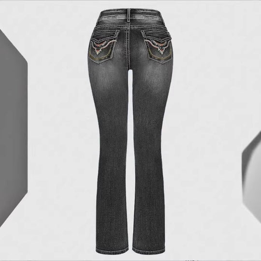 Damen Hochtaillierte Slim‑Straight Jeans mit V‑förmigem Bund und Superstretch-Denim Shop Nory