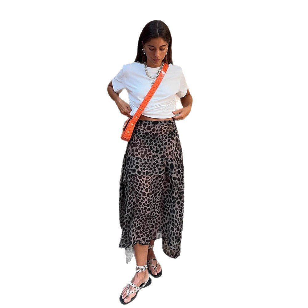 Damen Leichter Chiffon‑Midirock mit asymmetrischem Saum & Leo‑Print Shop Nory