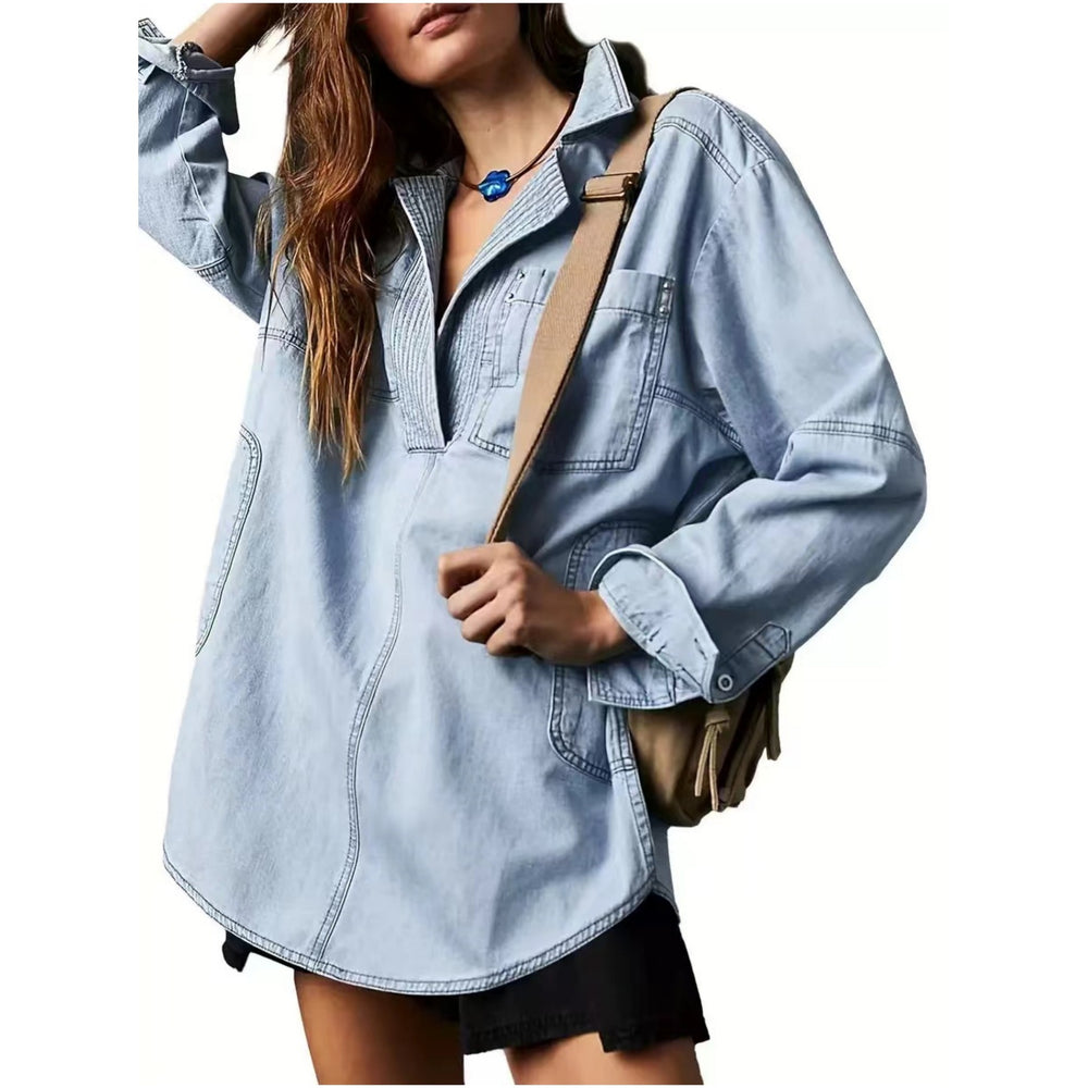 Damen Oversized Vintage-Hemdbluse mit V-Ausschnitt, dekorativen Ziernähten und Kängurutasche Shop Nory