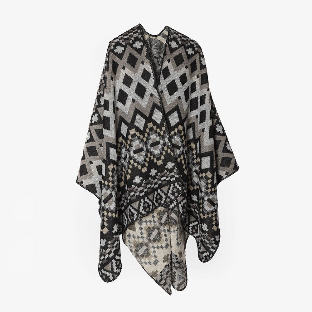 Damen Großflächiger Jacquard-Capeponcho mit geometrisch-ethnischem Muster und kastiger Silhouette Shop Nory