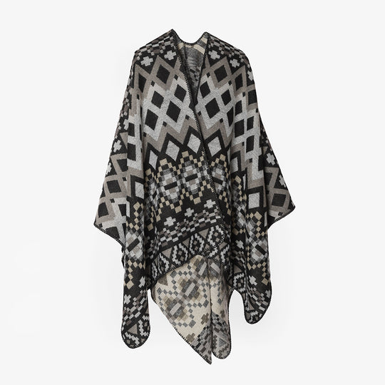 Damen Geometrischer Jacquard‑Capeponcho mit Oversize‑Fall und asymmetrischem Zipfelrand Shop Nory