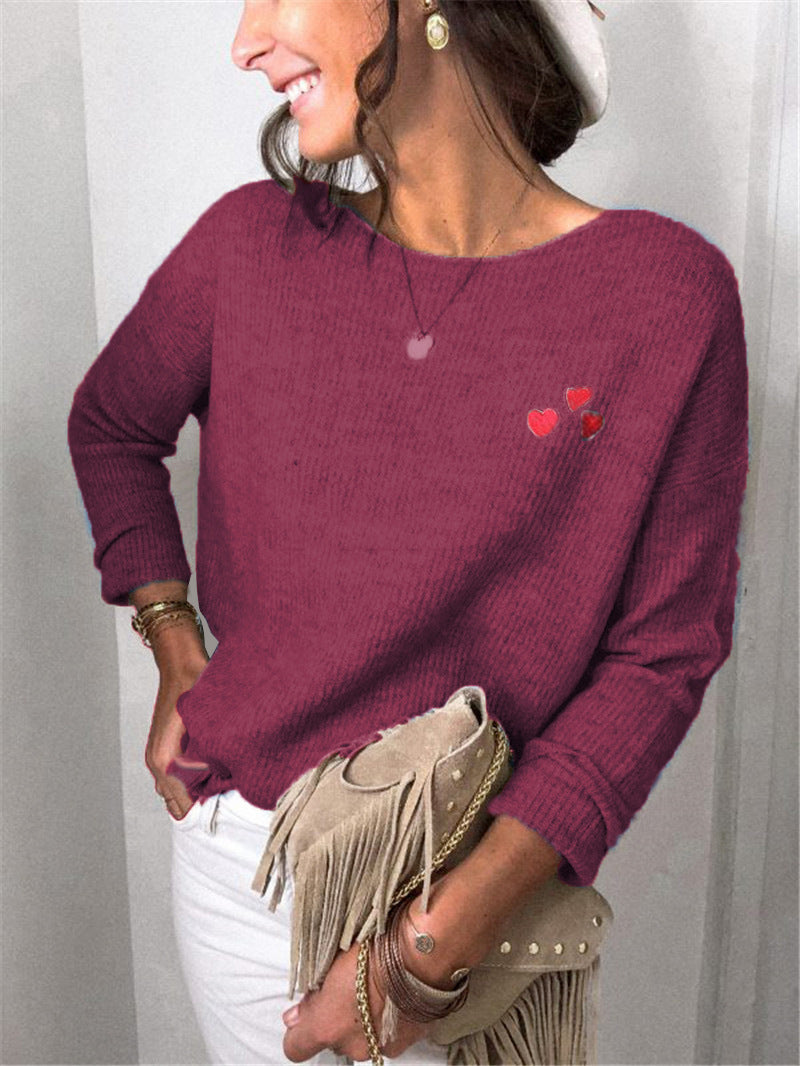 Damen Leichter Feinstrickpullover mit U-Boot-Ausschnitt, lockerem Sitz und Herzstickerei Shop Nory