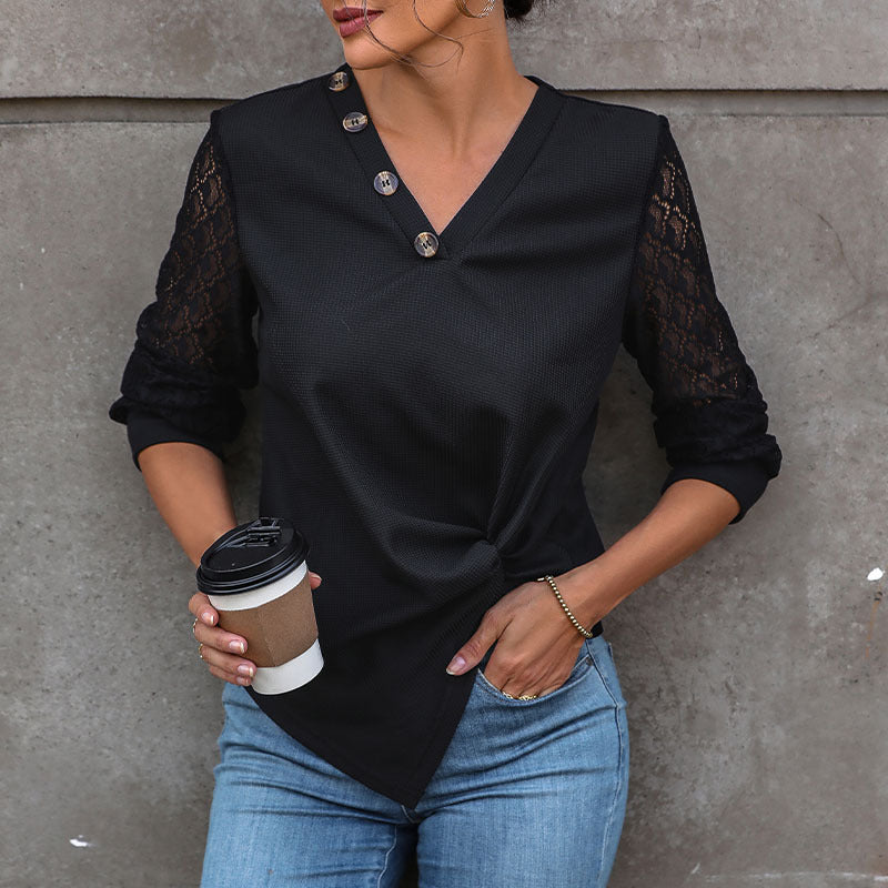 Damen V-Ausschnitt Blusenshirt mit Spitzenärmeln, asymmetrischer Knopfleiste und Knotenfront Shop Nory