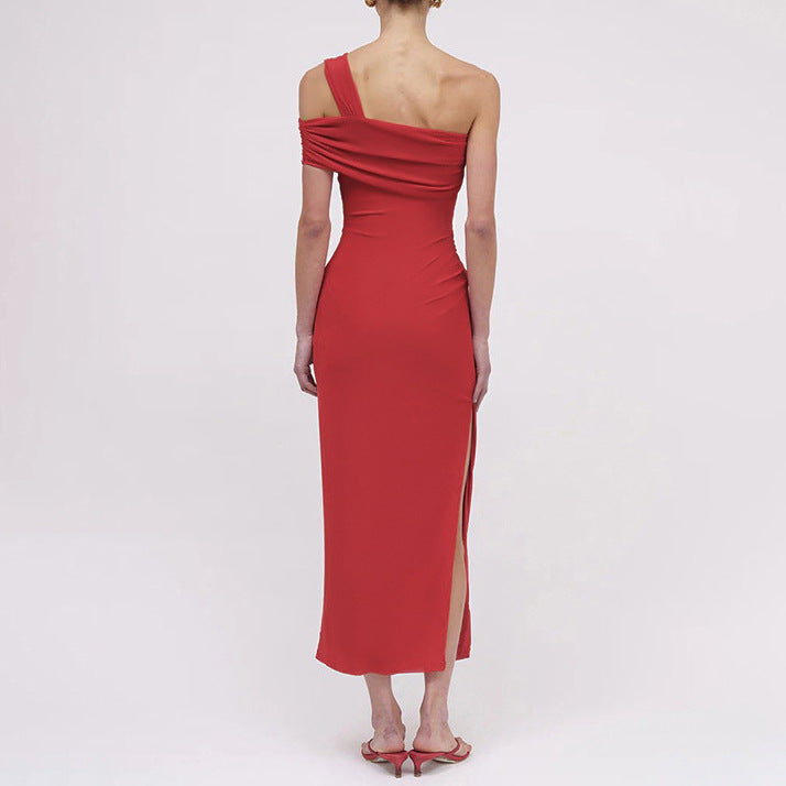 Damen Elegantes Maxi-Kleid mit asymmetrischem Ausschnitt und figurformendem Drapierungsdesign