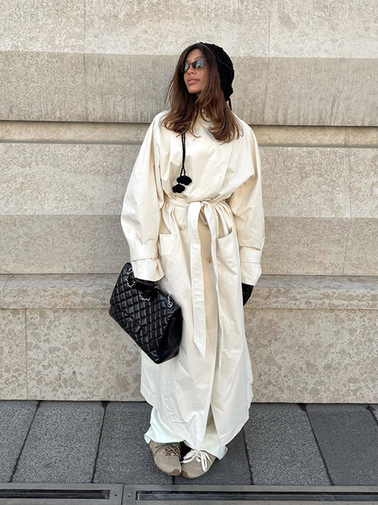 Damen Maxilanger taillierter Trenchcoat aus leichter Baumwollmischung mit Bindegürtel Shop Nory