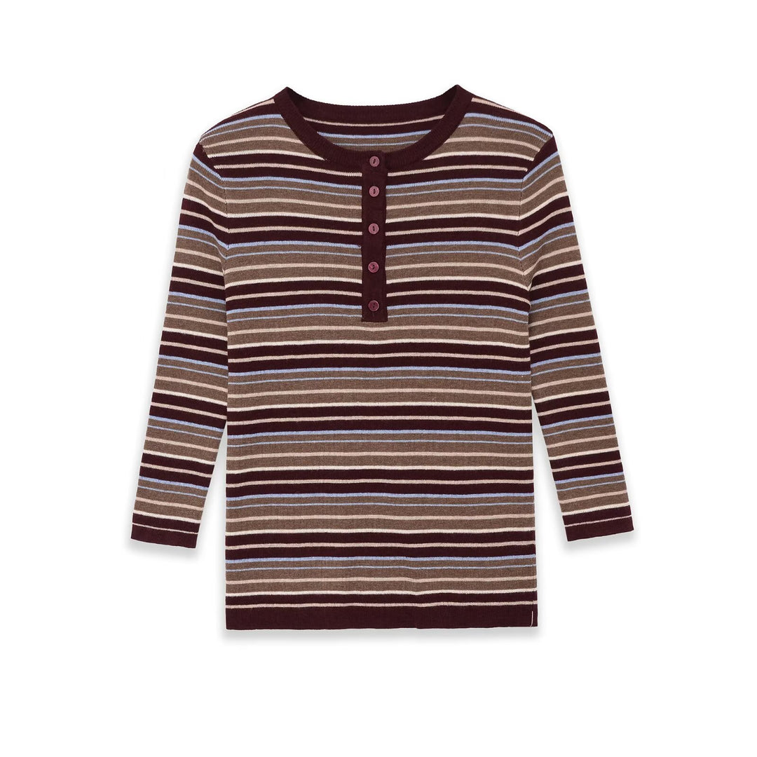 Damen Feinstrick-Henleyshirt mit feiner Streifenstruktur und Knopfblende Shop Nory