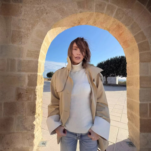 Damen Kurzjacke im Safari‑Stil mit Taillengürtel und übergroßen Manschetten Shop Nory