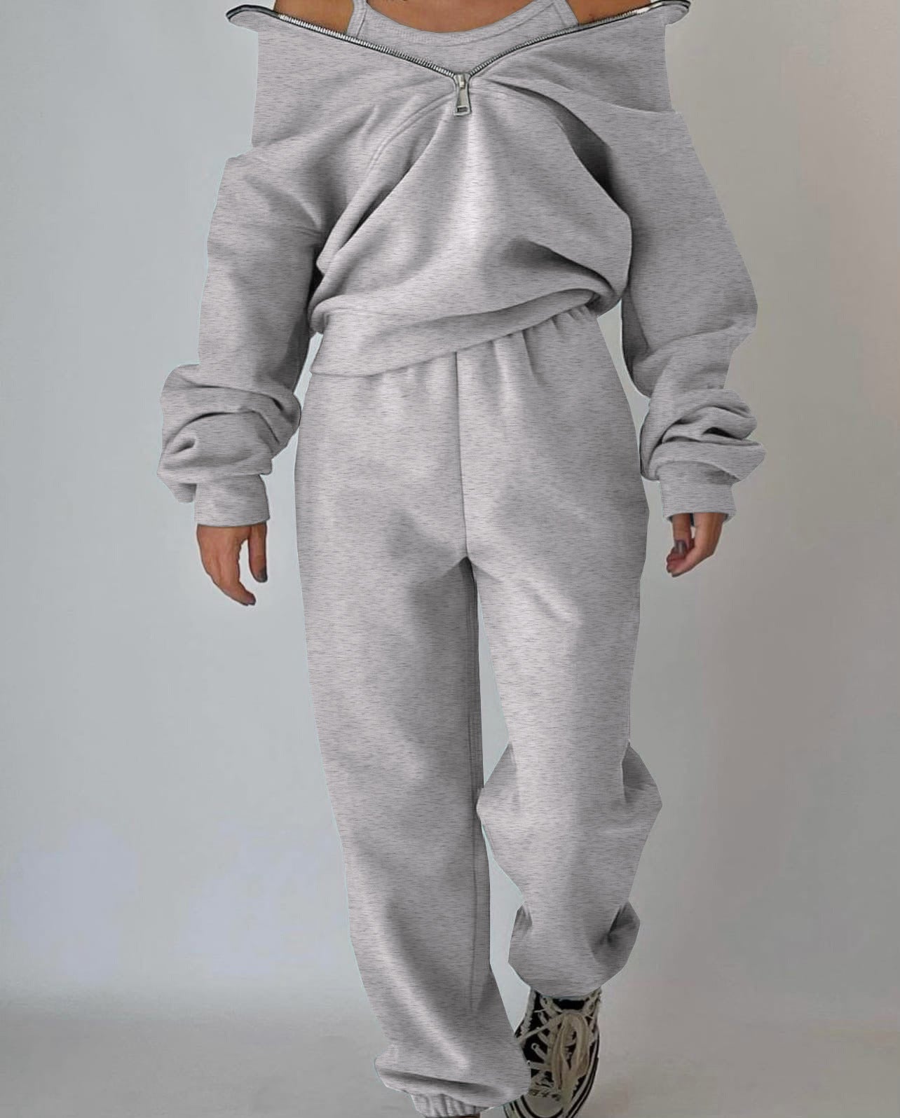 Damen Lässiger Oversized-Hoodie und Jogginghose Set mit Praktischem Reißverschluss