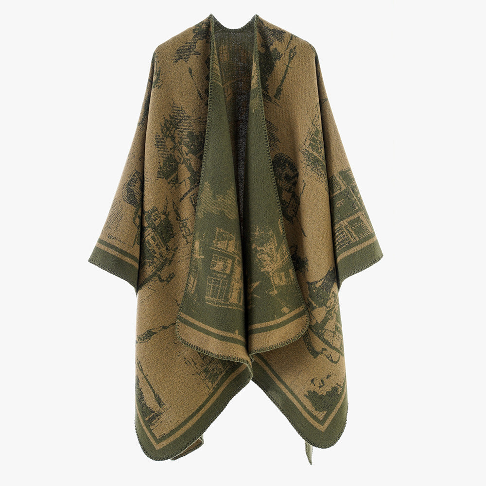 Damen Zweifarbiger Wolloptik-Überwurf mit Jacquard‑Stadtmotiv und offener Wasserfallfront Shop Nory