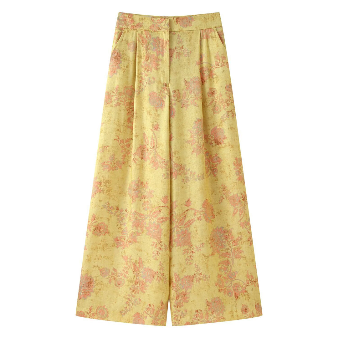 Damen Hochtaillierte weite Palazzo-Hose aus Brokat mit floralem Jacquardmuster Shop Nory