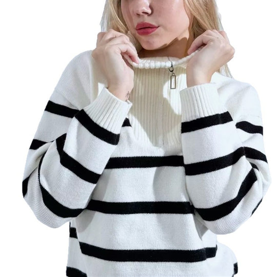 Damen Gestreifter Strickpullover mit kurzem Reißverschluss und Polokragen Shop Nory