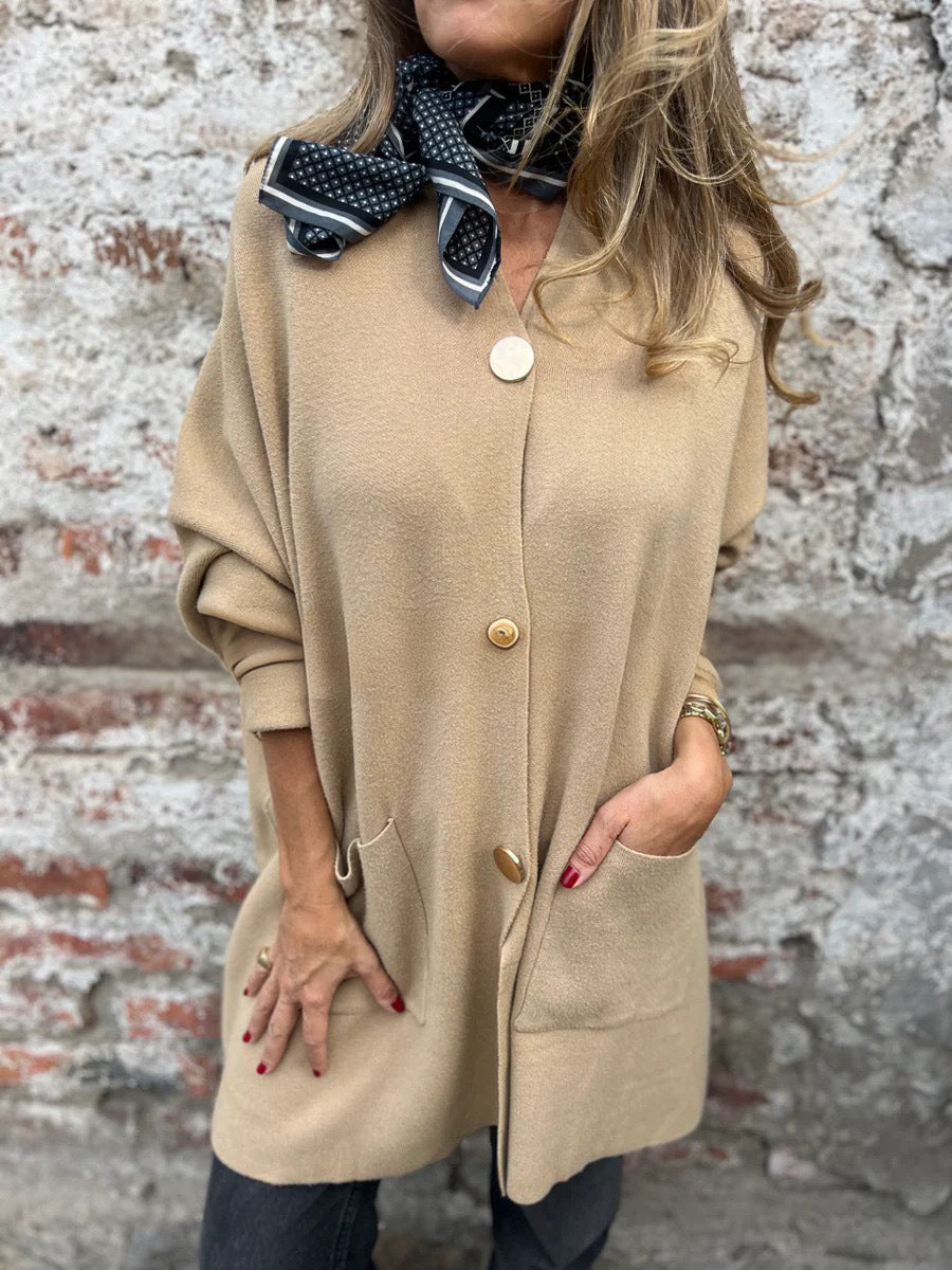 Damen Oversize Strickmantel-Cardigan mit aufgesetzten Taschen und Zierknöpfen Shop Nory