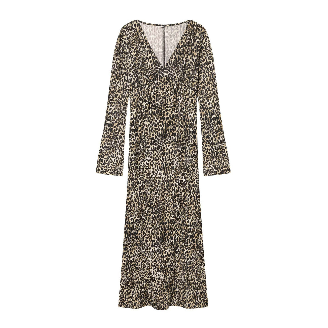 Damen Langärmeliges plissiertes Maxikleid mit V-Ausschnitt und taillenhoher Raffung Shop Nory