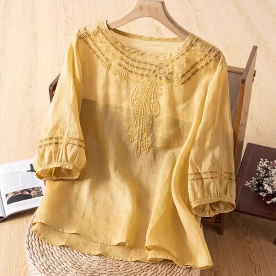 Damen Bestickte Leinenoptik-Bluse mit Rundhalsausschnitt und Dreiviertelärmeln Shop Nory