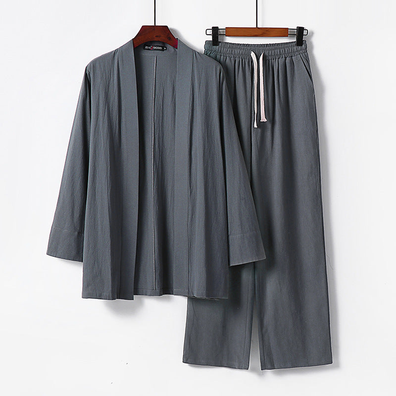Herren Lockeres Kimono-Loungewear-Set aus leichter Baumwollmischung mit elastischer Kordelhose Shop Nory