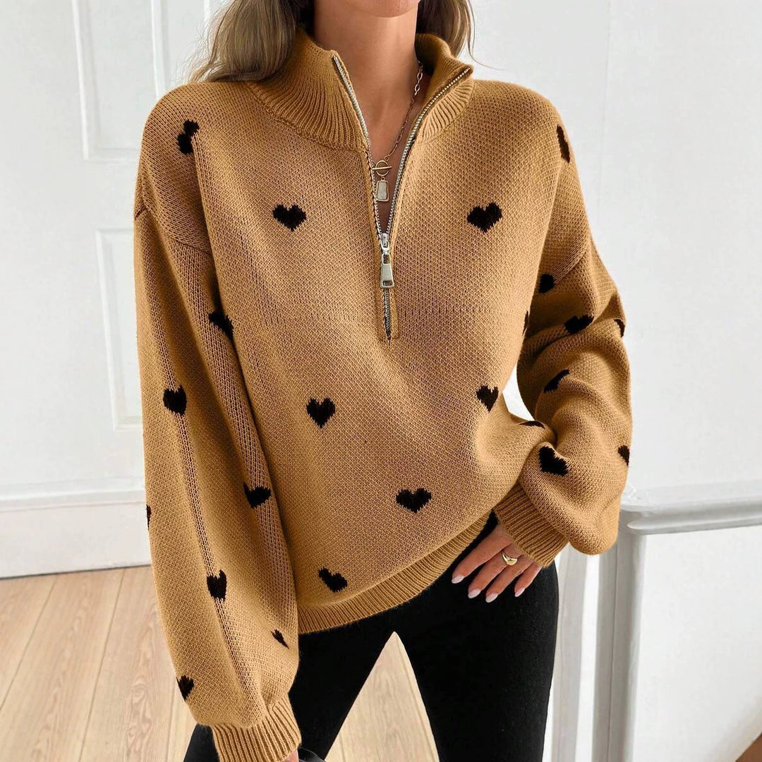Damen Oversize Strickpullover mit Half-Zip und Herzmotiv Shop Nory