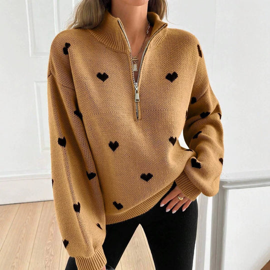 Damen Oversize Strickpullover mit Half-Zip und Herzmotiv Shop Nory