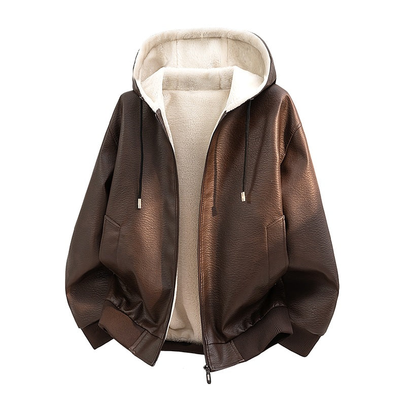 Herren Kapuzenjacke aus Leder mit Teddyfutter Shop Nory