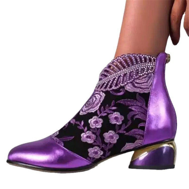 Damen Stiefeletten mit floralem Muster und glanzvollem Blockabsatz