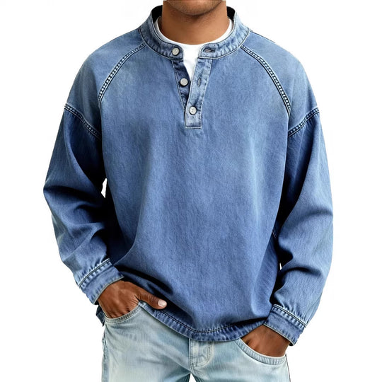 Herren nan verwaschenes Henley-Shirt mit Stehkragen, lockerer Passform und Knopfleiste Shop Nory