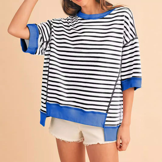 Damen Oversize Streifen-Sweatshirt mit kontrastfarbenen Bündchen Shop Nory