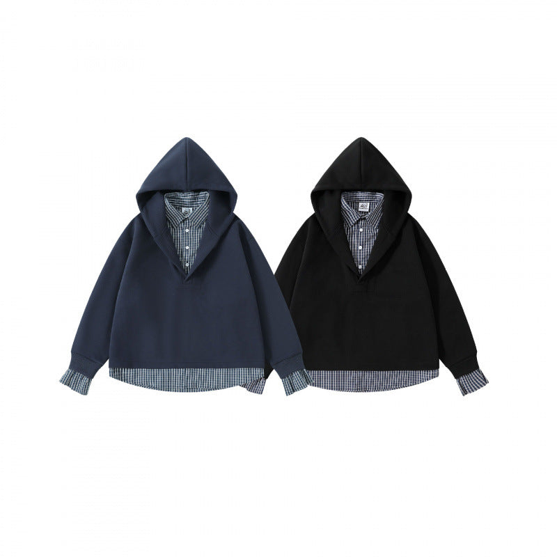 Damen Layering-Hoodie mit eingesetztem Hemdkragen, karierter Saum- und Manschettenoptik Shop Nory