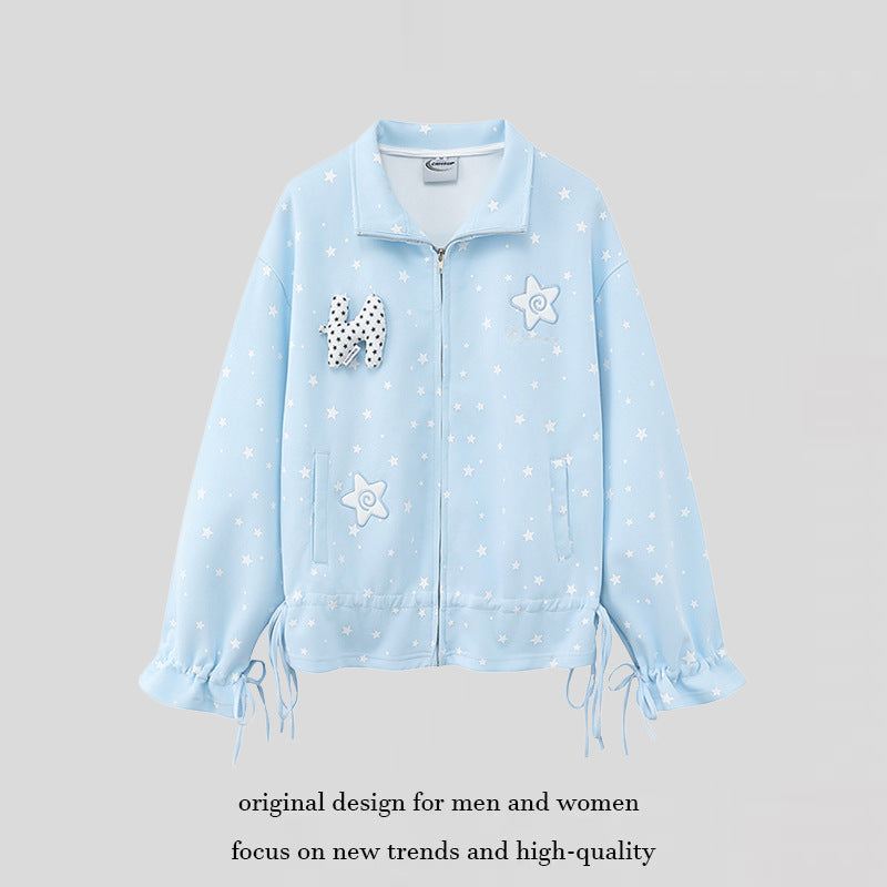 Damen leichte Stehkragen-Sweatjacke mit Sternen-Allover, Applikationen und Kordelzug Shop Nory