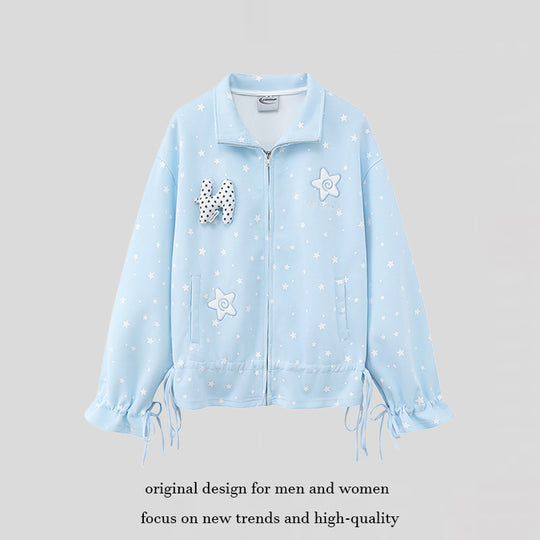 Damen leichte Stehkragen-Sweatjacke mit Sternen-Allover, Applikationen und Kordelzug Shop Nory