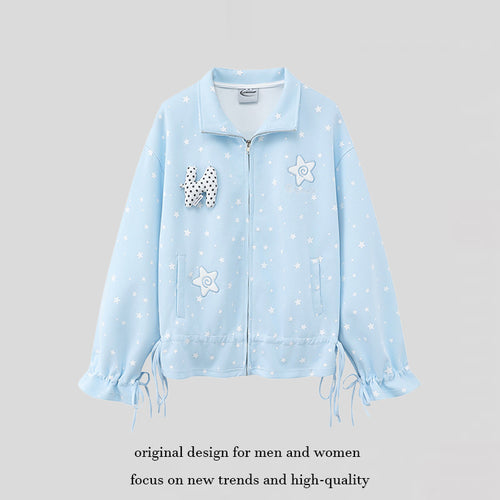 Damen leichte Stehkragen-Sweatjacke mit Sternen-Allover, Applikationen und Kordelzug Shop Nory