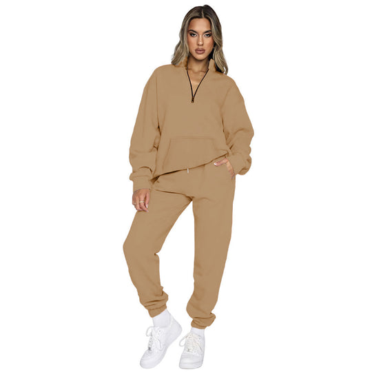 Damen nan French‑Terry Relax‑Loungewear‑Set mit halbem Reißverschluss, Kängurutasche und taillierter, schmal zulaufender Jogginghose Shop Nory