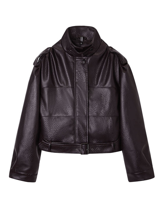 Damen Kurzjacke im Utility-Look aus strukturierter Kunstlederoptik mit hohem Stehkragen und verstellbarem Taillengürtel Shop Nory