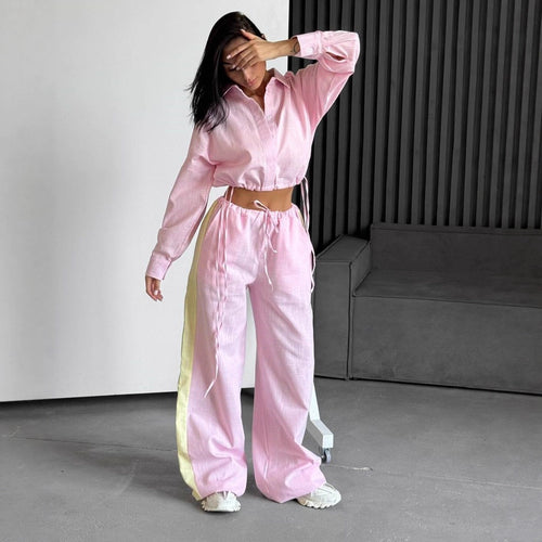 Damen kurzes Hemd mit Kordelzug und weite hochgeschnittene Leinenhose Set Shop Nory