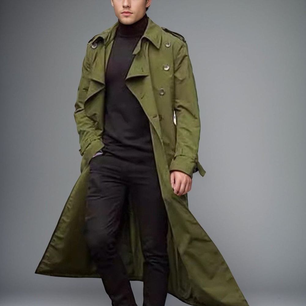 Herren langer Trenchcoat mit modernem Schnitt und praktischen Taschen