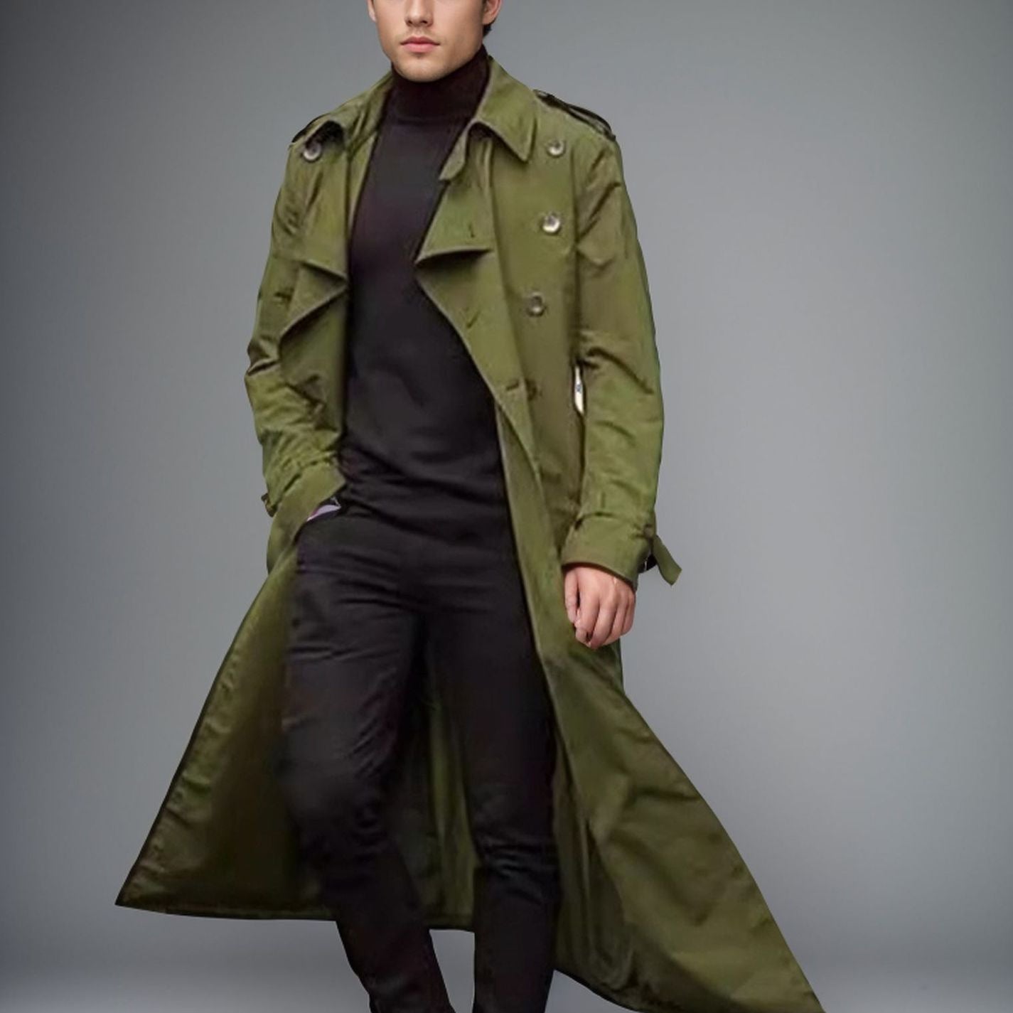 Herren langer Trenchcoat mit modernem Schnitt und praktischen Taschen