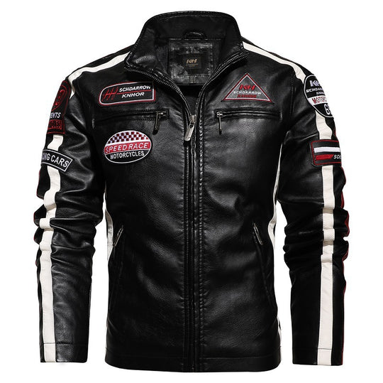Herren Racing-Style Kunstlederjacke mit Aufnähern, Kontraststreifen und Stehkragen Shop Nory