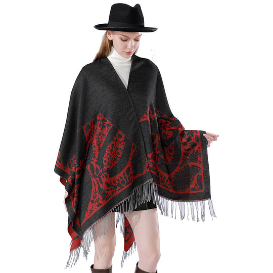 Damen Wendbarer Feinstrick-Poncho mit Jacquardmuster und Fransensaum Shop Nory