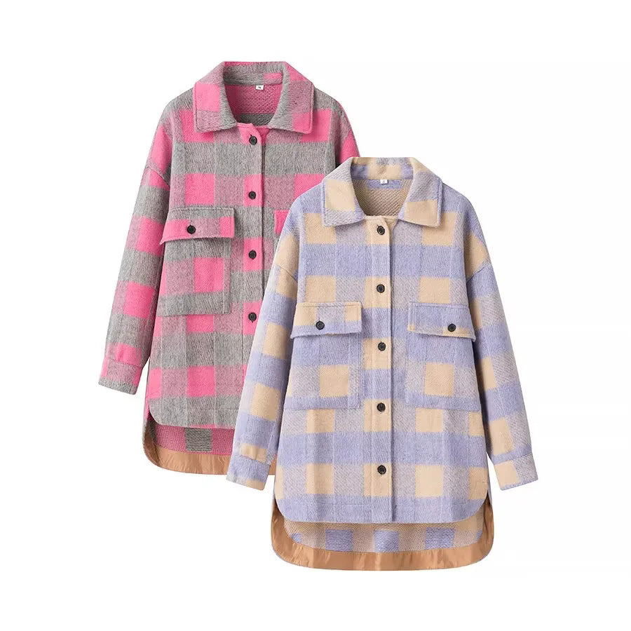 Damen Oversize-Karo-Shacket mit aufgesetzten Brusttaschen und runder Saumlinie Shop Nory