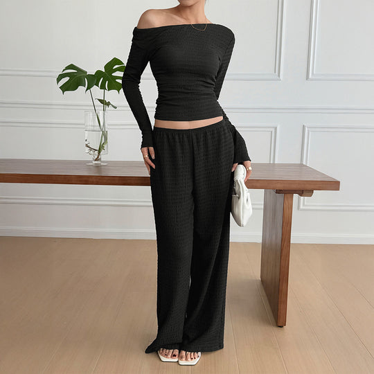 Damen nan legeres Crinkle-Lounge-Set mit Off-Shoulder Crop-Top und weiten High-Waist Palazzohose Shop Nory