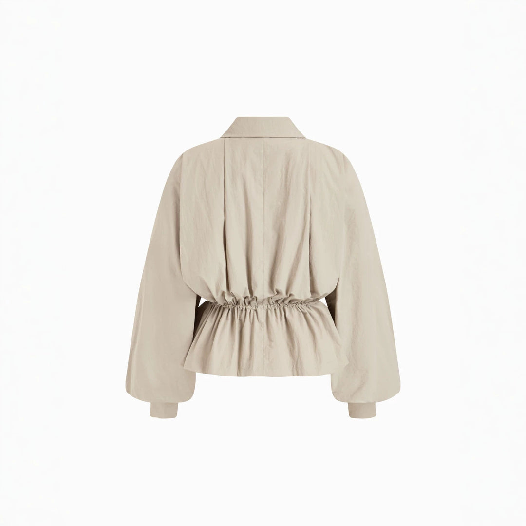 Damen Taillierte Übergangsjacke mit Tunnelzug, Stehkragen und Ballonärmeln Shop Nory