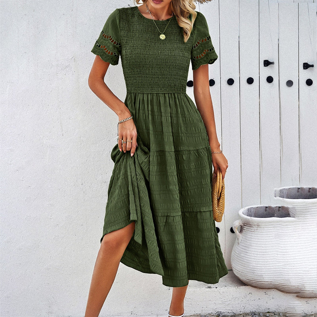Damen Midikleid mit Puffärmeln und Elastischem Oberteil