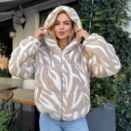 Damen Kurz geschnittene Teddy-Fleecejacke mit Kapuze und Zebrastreifen Shop Nory