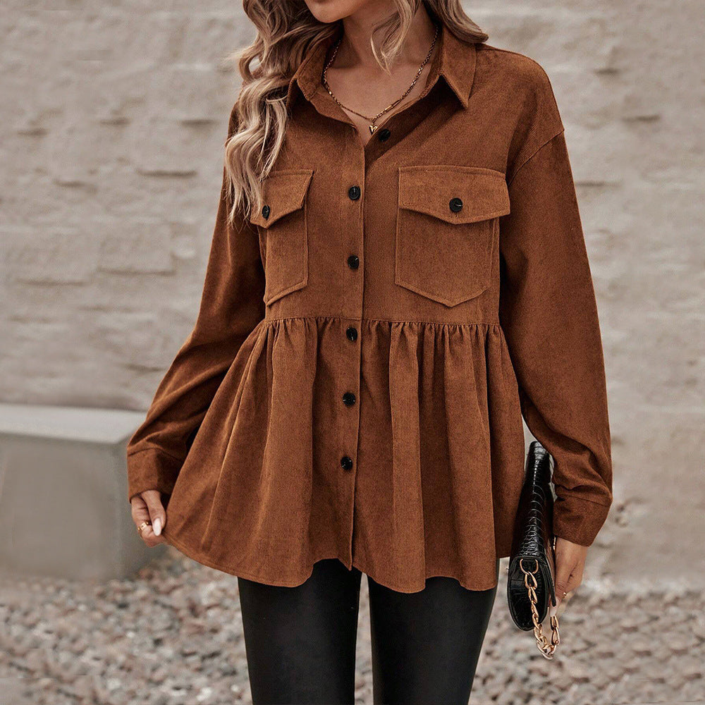 Damen Cord-Peplum-Bluse mit Hemdkragen aufgesetzten Brusttaschen und durchgehender Knopfleiste Shop Nory