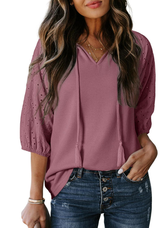 Damen Waffelshirt mit V‑Ausschnitt, Quasten und bestickten Puffärmeln Shop Nory