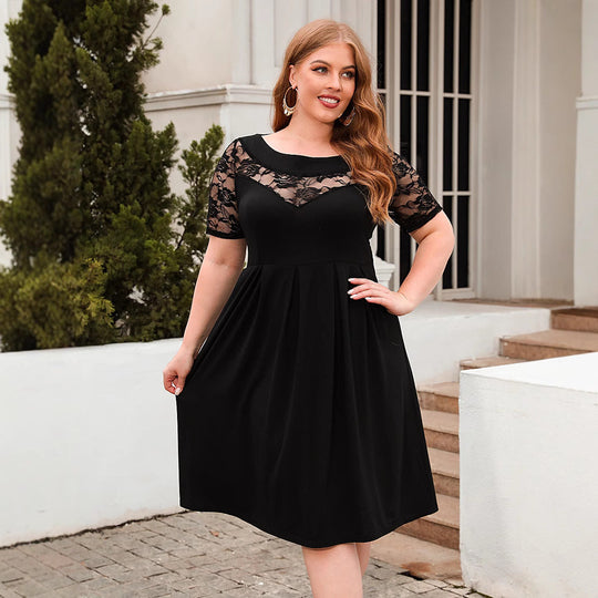 Damen Elegantes Kleid mit Spitzenärmel und schwingendem Rock